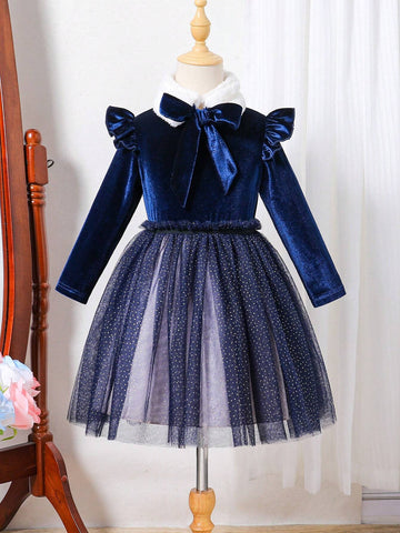 Girls (Small) Solid Color Patchwork Long Sleeve Ruffle Hem Dress