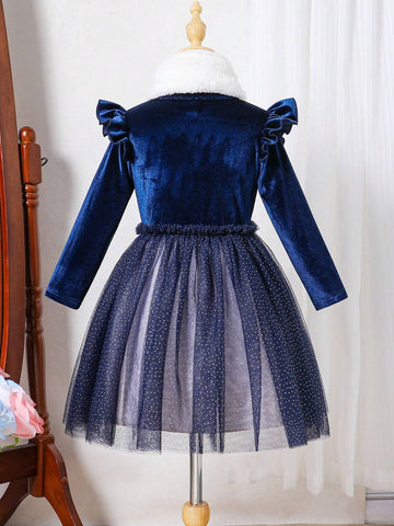 Girls (Small) Solid Color Patchwork Long Sleeve Ruffle Hem Dress