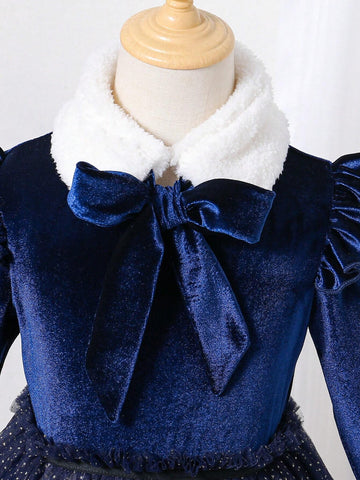 Girls (Small) Solid Color Patchwork Long Sleeve Ruffle Hem Dress