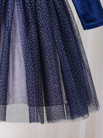 Girls (Small) Solid Color Patchwork Long Sleeve Ruffle Hem Dress