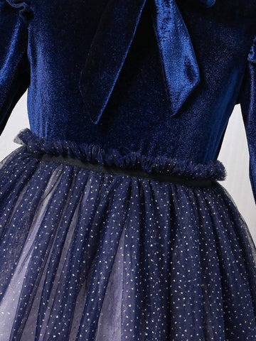 Girls (Small) Solid Color Patchwork Long Sleeve Ruffle Hem Dress