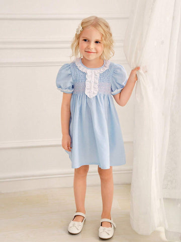 Girls (Small) Vintage Blue Plaid Wave & Lace Trimmed Dress