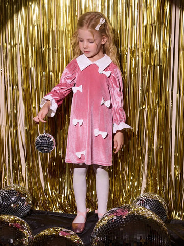 Girls (Smaller Size) Pink Long Sleeve Cute Butterfly Lantern Sleeve Casual Fashion Dress, Sibling Outfits Matching Outfits