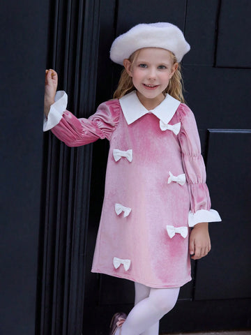 Girls (Smaller Size) Pink Long Sleeve Cute Butterfly Lantern Sleeve Casual Fashion Dress, Sibling Outfits Matching Outfits