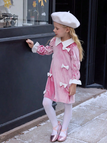 Girls (Smaller Size) Pink Long Sleeve Cute Butterfly Lantern Sleeve Casual Fashion Dress, Sibling Outfits Matching Outfits