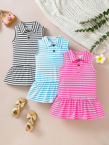 Girls' Soft And Comfortable Casual Ladylike Striped Polo Collar Button Up Dress, Sister Outfits 3pcs/Set