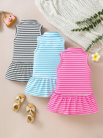 Girls' Soft And Comfortable Casual Ladylike Striped Polo Collar Button Up Dress, Sister Outfits 3pcs/Set