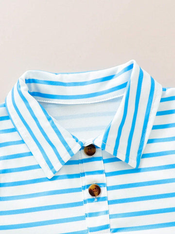 Girls' Soft And Comfortable Casual Ladylike Striped Polo Collar Button Up Dress, Sister Outfits 3pcs/Set