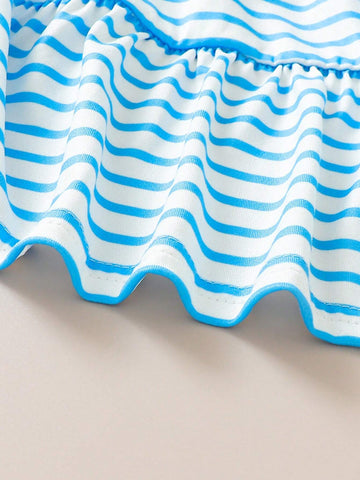 Girls' Soft And Comfortable Casual Ladylike Striped Polo Collar Button Up Dress, Sister Outfits 3pcs/Set