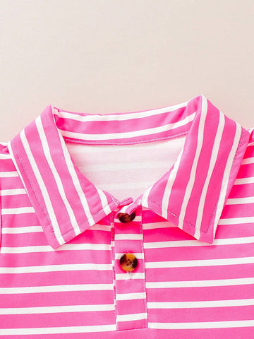 Girls' Soft And Comfortable Casual Ladylike Striped Polo Collar Button Up Dress, Sister Outfits 3pcs/Set