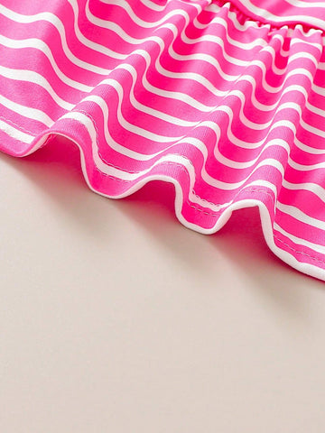 Girls' Soft And Comfortable Casual Ladylike Striped Polo Collar Button Up Dress, Sister Outfits 3pcs/Set