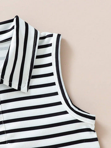 Girls' Soft And Comfortable Casual Ladylike Striped Polo Collar Button Up Dress, Sister Outfits 3pcs/Set