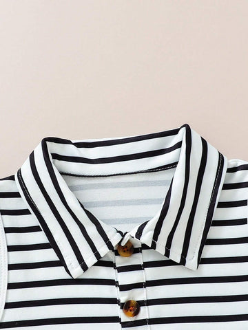 Girls' Soft And Comfortable Casual Ladylike Striped Polo Collar Button Up Dress, Sister Outfits 3pcs/Set
