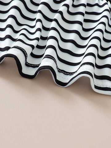 Girls' Soft And Comfortable Casual Ladylike Striped Polo Collar Button Up Dress, Sister Outfits 3pcs/Set