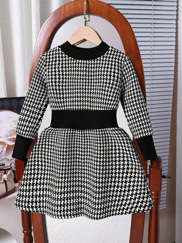 Girls Soft And Comfortable Vintage Style Long Sleeve Cinched Waist Dress, Spring/Autumn