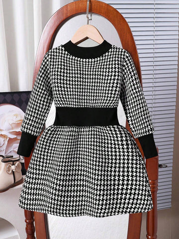 Girls Soft And Comfortable Vintage Style Long Sleeve Cinched Waist Dress, Spring/Autumn