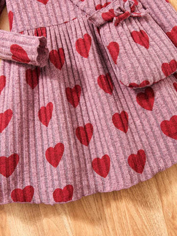 Girls' Soft Knitted Fabric Heart Pattern Dress With Matching Pouch Bag, Comfortable & Warm