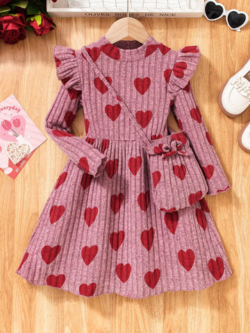 Girls' Soft Knitted Fabric Heart Pattern Dress With Matching Pouch Bag, Comfortable & Warm