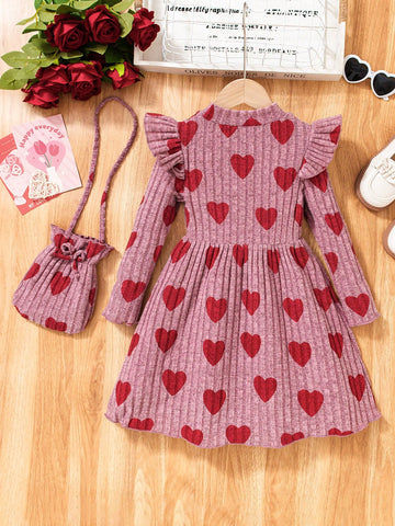 Girls' Soft Knitted Fabric Heart Pattern Dress With Matching Pouch Bag, Comfortable & Warm