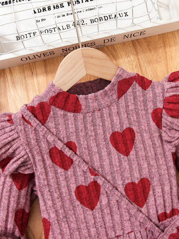 Girls' Soft Knitted Fabric Heart Pattern Dress With Matching Pouch Bag, Comfortable & Warm