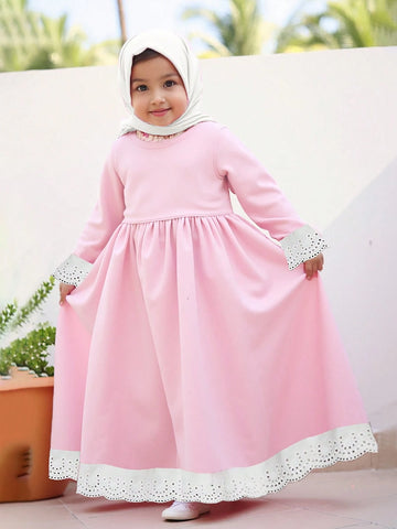Girl's Solid Color Block Round Neck Long Sleeve Pleated Hem Simple Dress