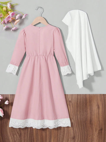 Girl's Solid Color Block Round Neck Long Sleeve Pleated Hem Simple Dress