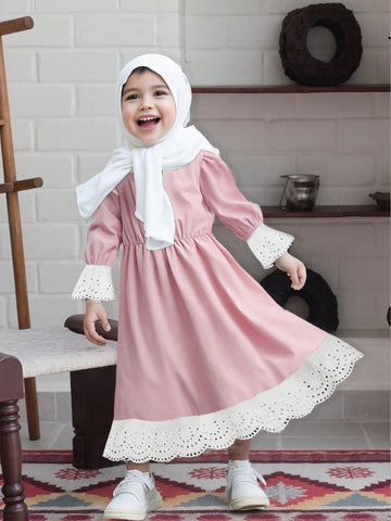 Girl's Solid Color Block Round Neck Long Sleeve Pleated Hem Simple Dress