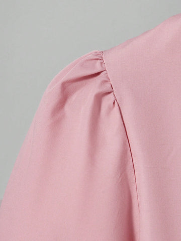 Girl's Solid Color Block Round Neck Long Sleeve Pleated Hem Simple Dress