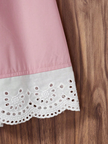 Girl's Solid Color Block Round Neck Long Sleeve Pleated Hem Simple Dress