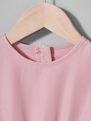 Girl's Solid Color Block Round Neck Long Sleeve Pleated Hem Simple Dress