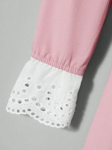 Girl's Solid Color Block Round Neck Long Sleeve Pleated Hem Simple Dress