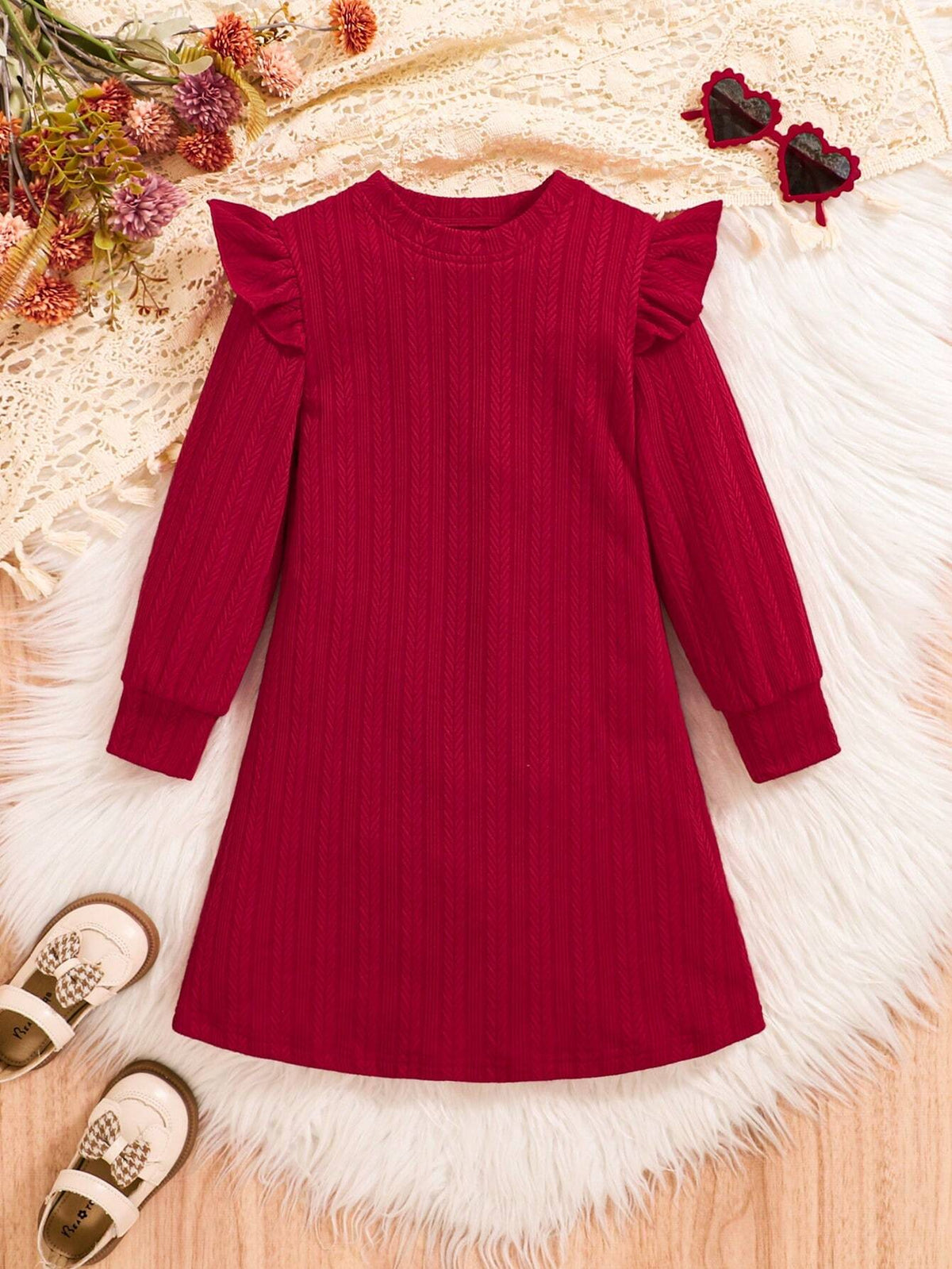 Girls Solid Color Cap Sleeve Casual Round Neck Long Sleeve Dress, Autumn/Winter