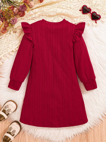 Girls Solid Color Cap Sleeve Casual Round Neck Long Sleeve Dress, Autumn/Winter