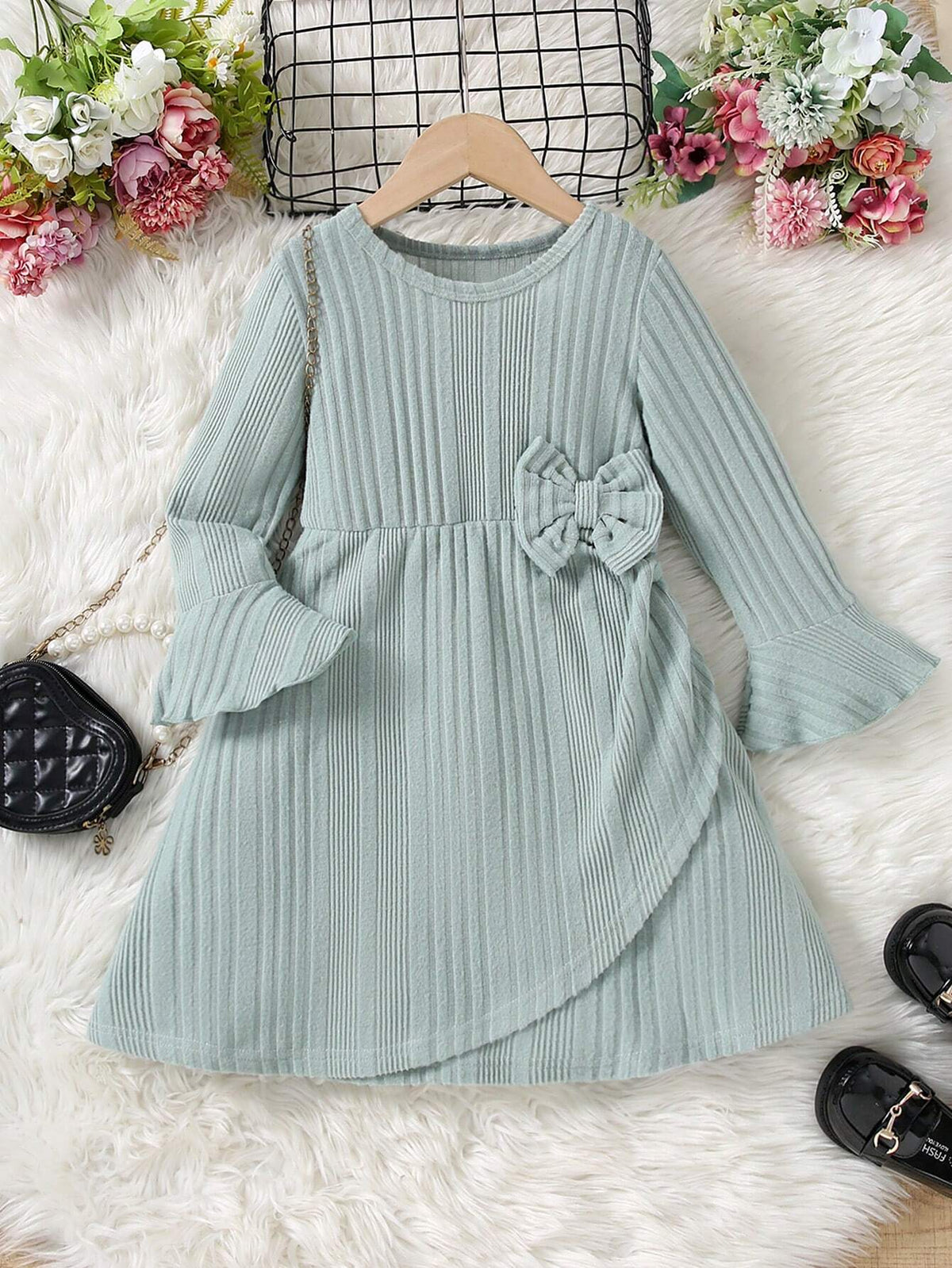 Girls' Solid Color Casual Sweet Bow Ruffle Hem Knit Long Dress, Autumn/Winter