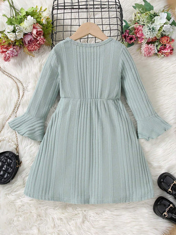 Girls' Solid Color Casual Sweet Bow Ruffle Hem Knit Long Dress, Autumn/Winter