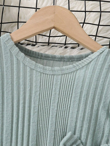 Girls' Solid Color Casual Sweet Bow Ruffle Hem Knit Long Dress, Autumn/Winter