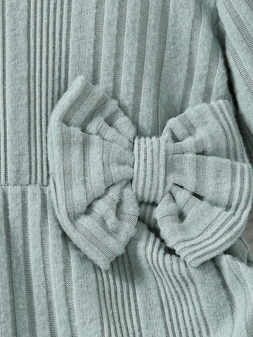 Girls' Solid Color Casual Sweet Bow Ruffle Hem Knit Long Dress, Autumn/Winter