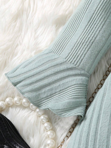 Girls' Solid Color Casual Sweet Bow Ruffle Hem Knit Long Dress, Autumn/Winter