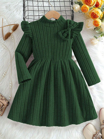 Girls Solid Color High Collar Cap Sleeve Waist Tie Fleece Dress, Fashion Casual