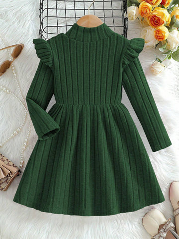 Girls Solid Color High Collar Cap Sleeve Waist Tie Fleece Dress, Fashion Casual