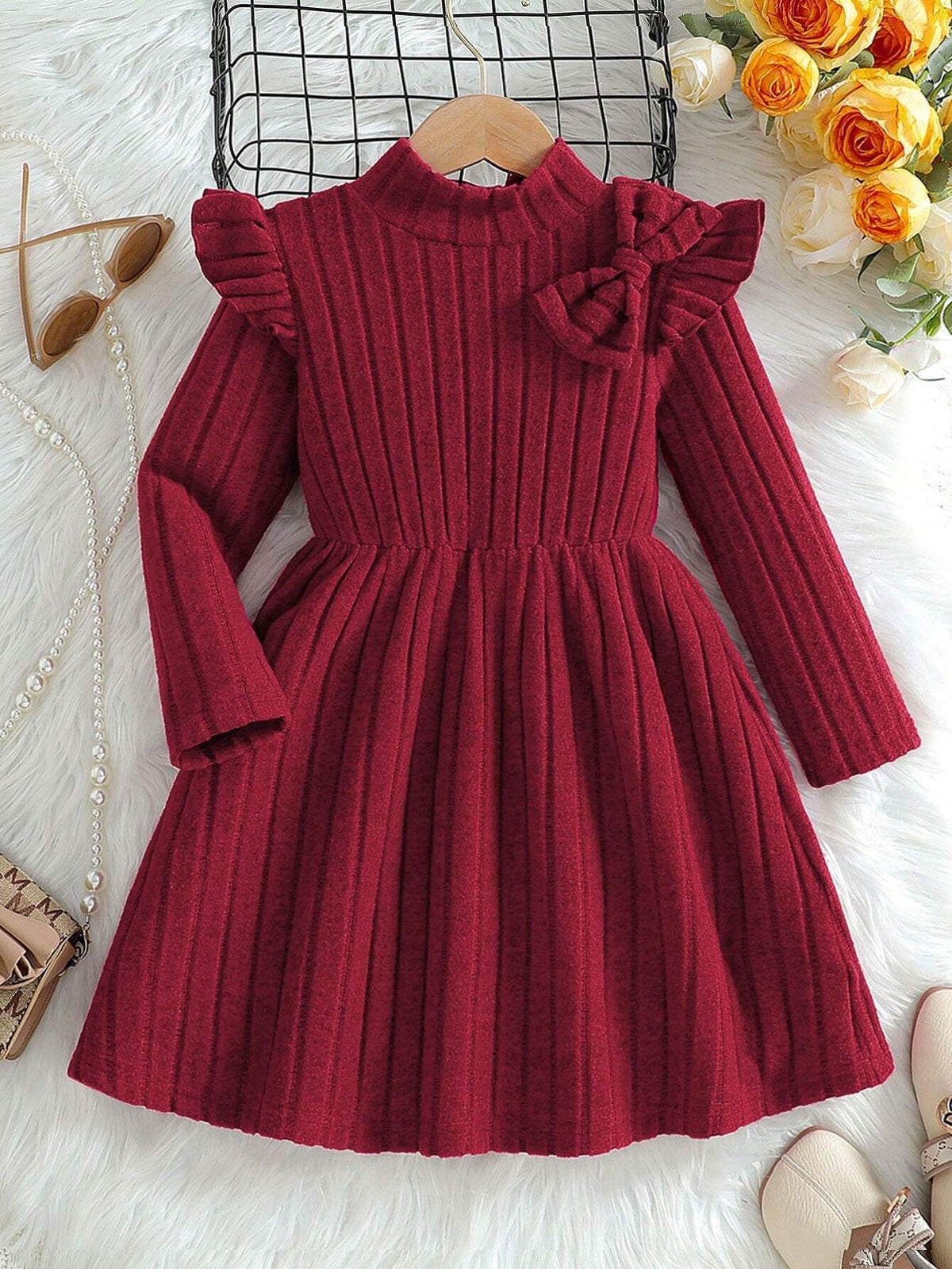 Girls Solid Color High Collar Long Sleeve With Bowknot Waist Textured Fleece Casual Dress