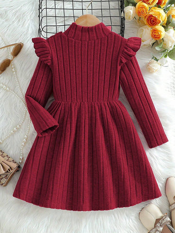 Girls Solid Color High Collar Long Sleeve With Bowknot Waist Textured Fleece Casual Dress