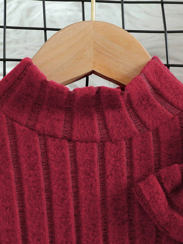 Girls Solid Color High Collar Long Sleeve With Bowknot Waist Textured Fleece Casual Dress