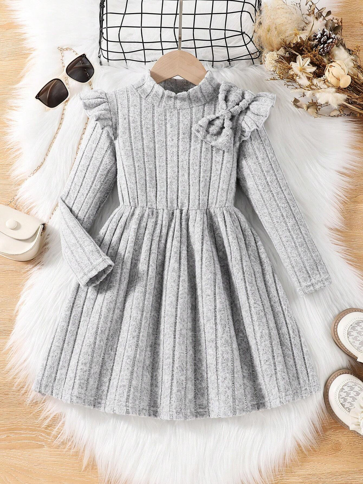 Girls' Solid Color High Neck Cap Sleeve Waist Tie Fleece Lined Casual Dress