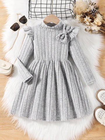 Girls' Solid Color High Neck Cap Sleeve Waist Tie Fleece Lined Casual Dress
