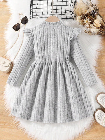 Girls' Solid Color High Neck Cap Sleeve Waist Tie Fleece Lined Casual Dress