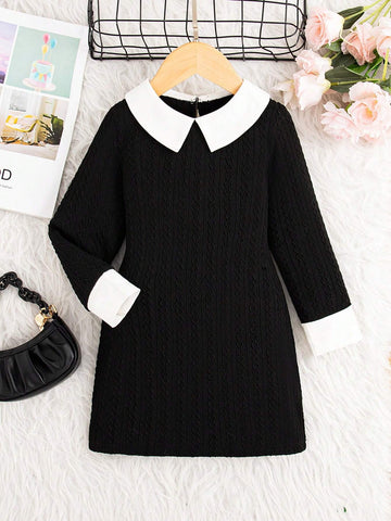 Girls Solid Color Jacquard Puff Collar Long Sleeve Dress