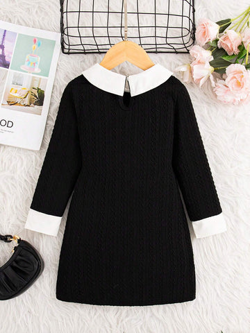 Girls Solid Color Jacquard Puff Collar Long Sleeve Dress