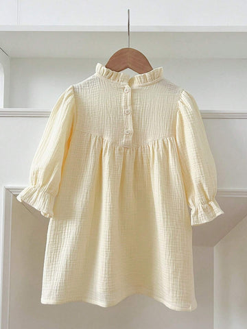 Girls Solid Color Long Sleeve Princess Dress, Suitable For Spring & Autumn