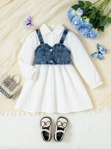 Girls Solid Color Long Sleeve Shirt Dress + Denim Vest 2-Piece Set